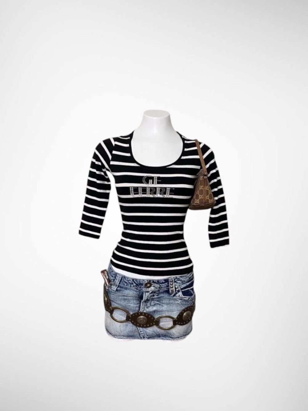 Vintage GF FERRE Studio Rhinestone Logo Striped Top Y2K Italian Designer